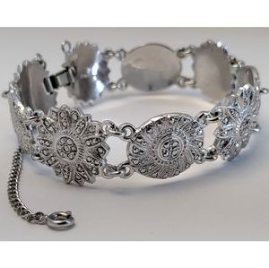 7.5" Vintage Solid Sterling Silver Marcasite Floral Panel Bracelet
